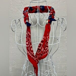 Vintage Red Blue Braided Bandana Silver Charm Accents